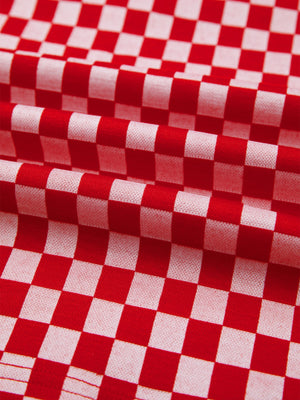 Red and white checkered print shirt with ruffle sleeves detail