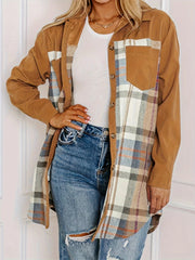 Caramel shacket with plaid panels and contrast sleeves, button front, chest pocket.