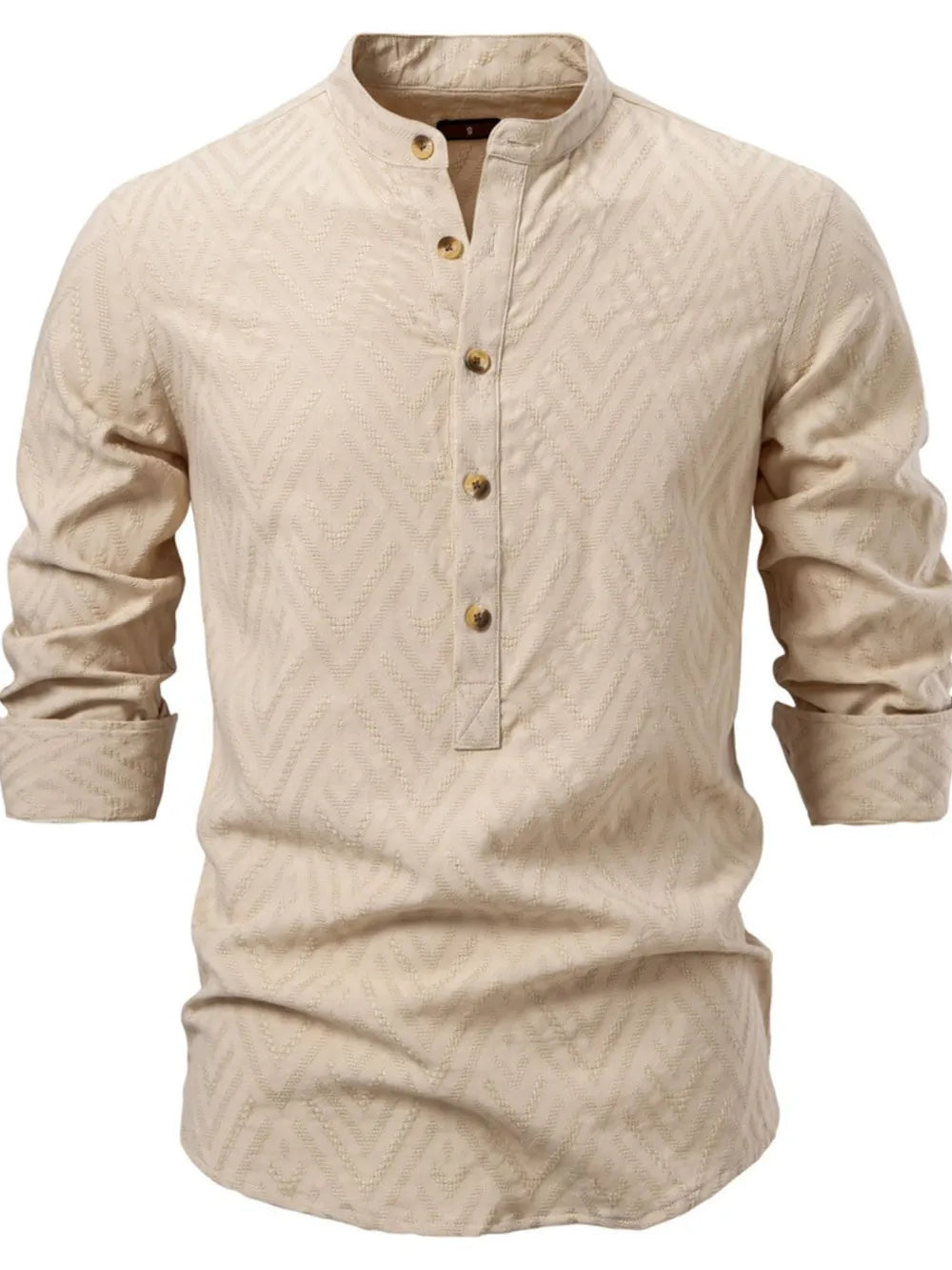 Khaki geo-embossed henley shirt with mandarin collar and buttoned placket.