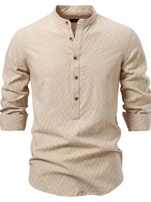 Khaki geo-embossed henley shirt with mandarin collar and buttoned placket.