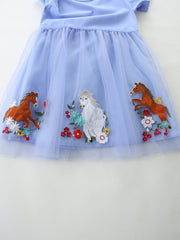 Baby blue tulle dress with horse and flower embroidery detail