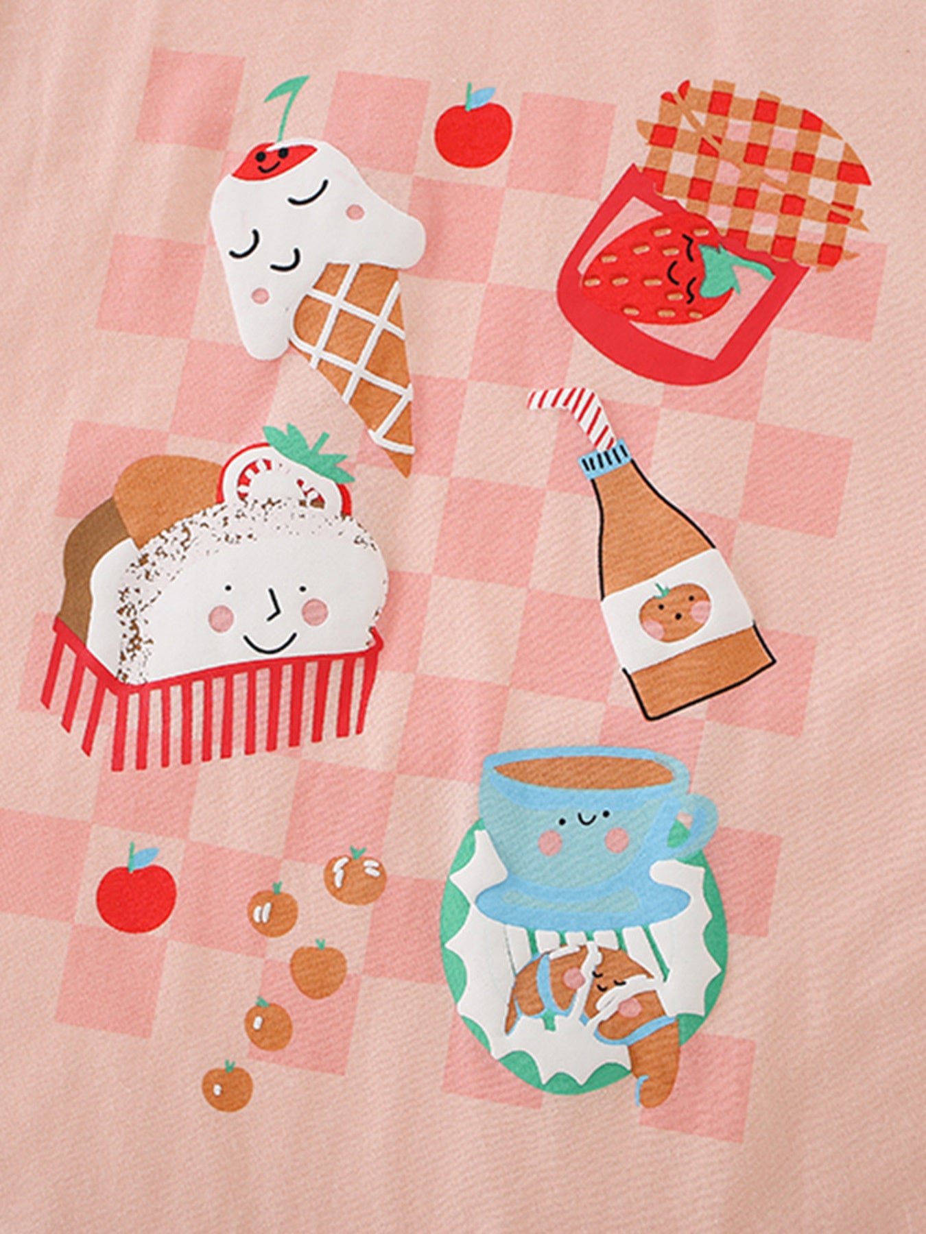 Toddler graphic tee with ice cream, cupcake, and fruit graphics on pink checkered cotton.