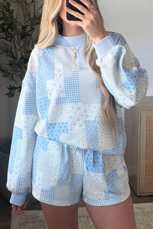 Patchwork Floral Print Stand Neck Two-piece Set in Light Blue, front view