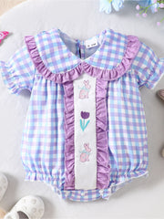 Baby one-piece in pastel blue and pink purple gingham with ruffle collar and bunny tulip embroidery