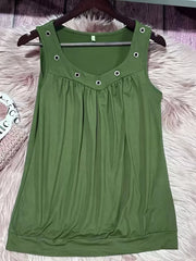Army green V-neck ruched tank top with eyelet accents and a gathered hem.