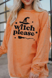 Corded sherbet sweatshirt with black Witch Please graphic and broom.