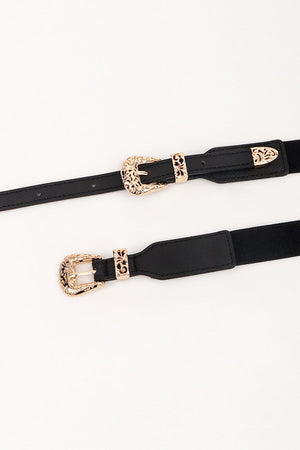 Black elastic waist belt with ornate gold buckle and details