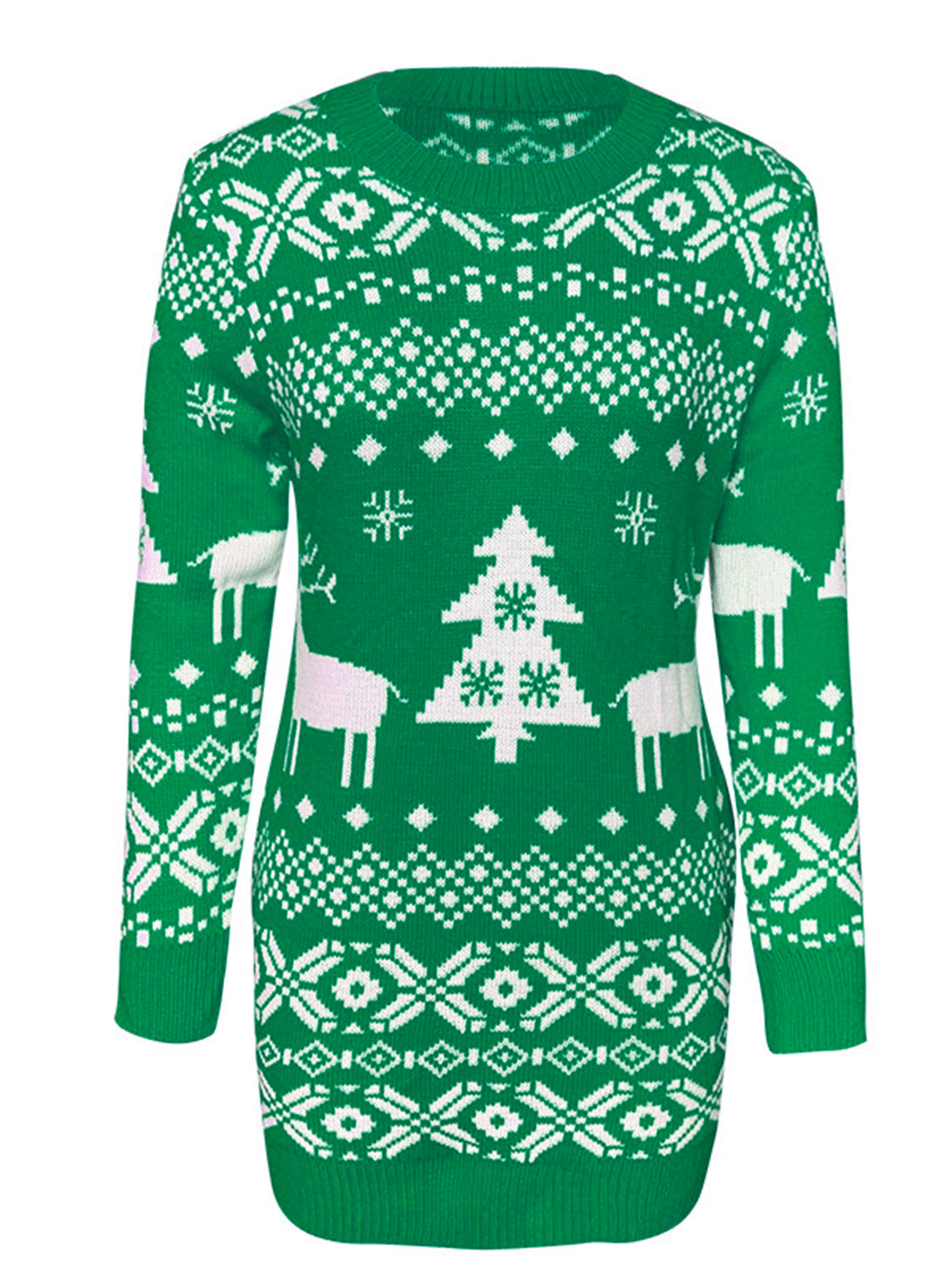 Green knit mini dress with Fair Isle pattern, Christmas trees, and reindeer.