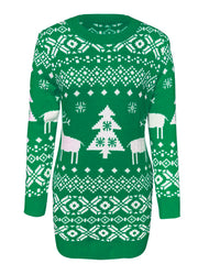 Green knit mini dress with Fair Isle pattern, Christmas trees, and reindeer.