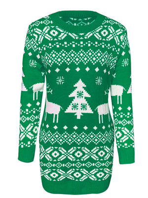 Green knit mini dress with Fair Isle pattern, Christmas trees, and reindeer.