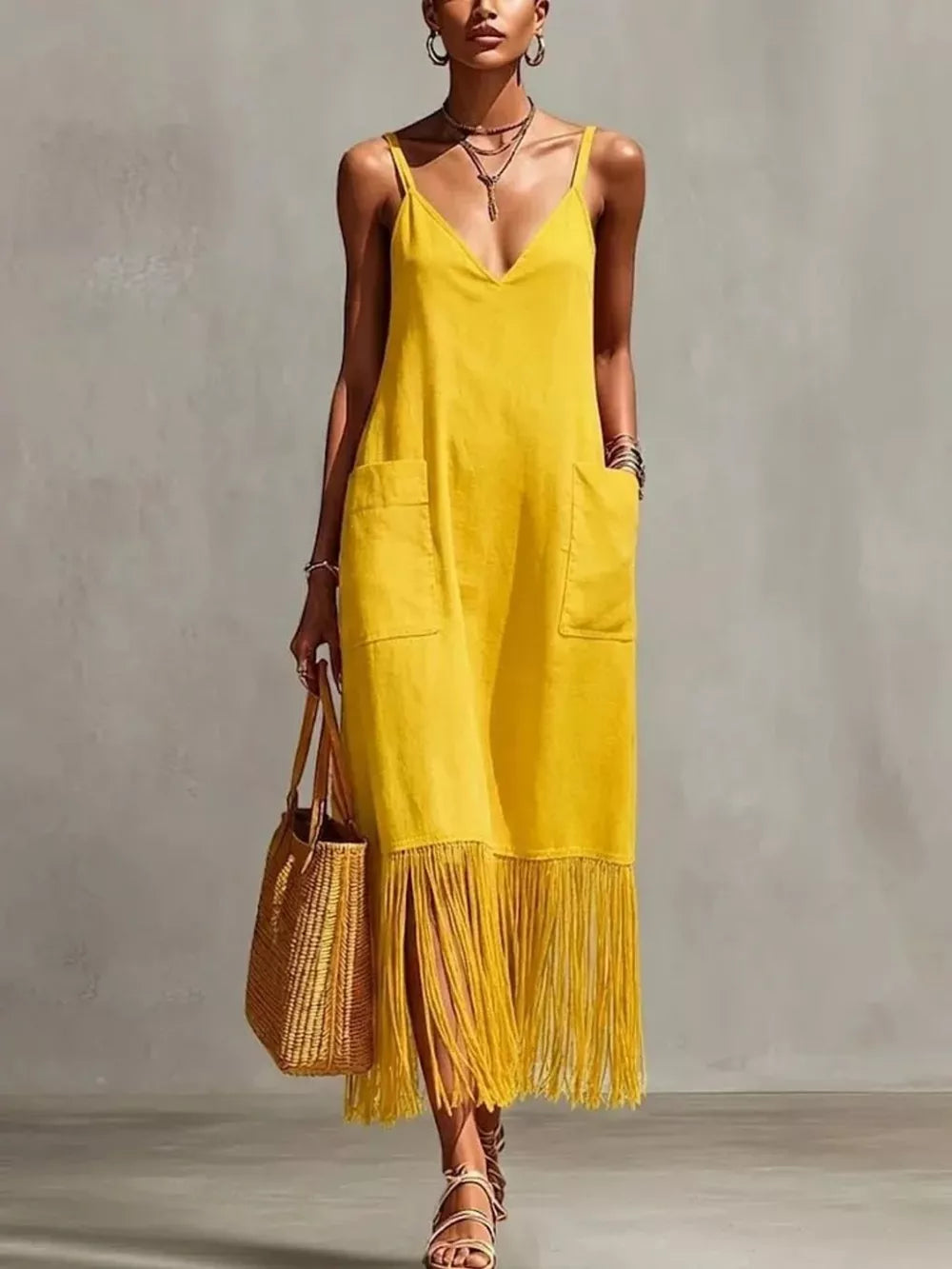 Yellow maxi dress with V-neck, spaghetti straps, pockets, and fringe hem detail.