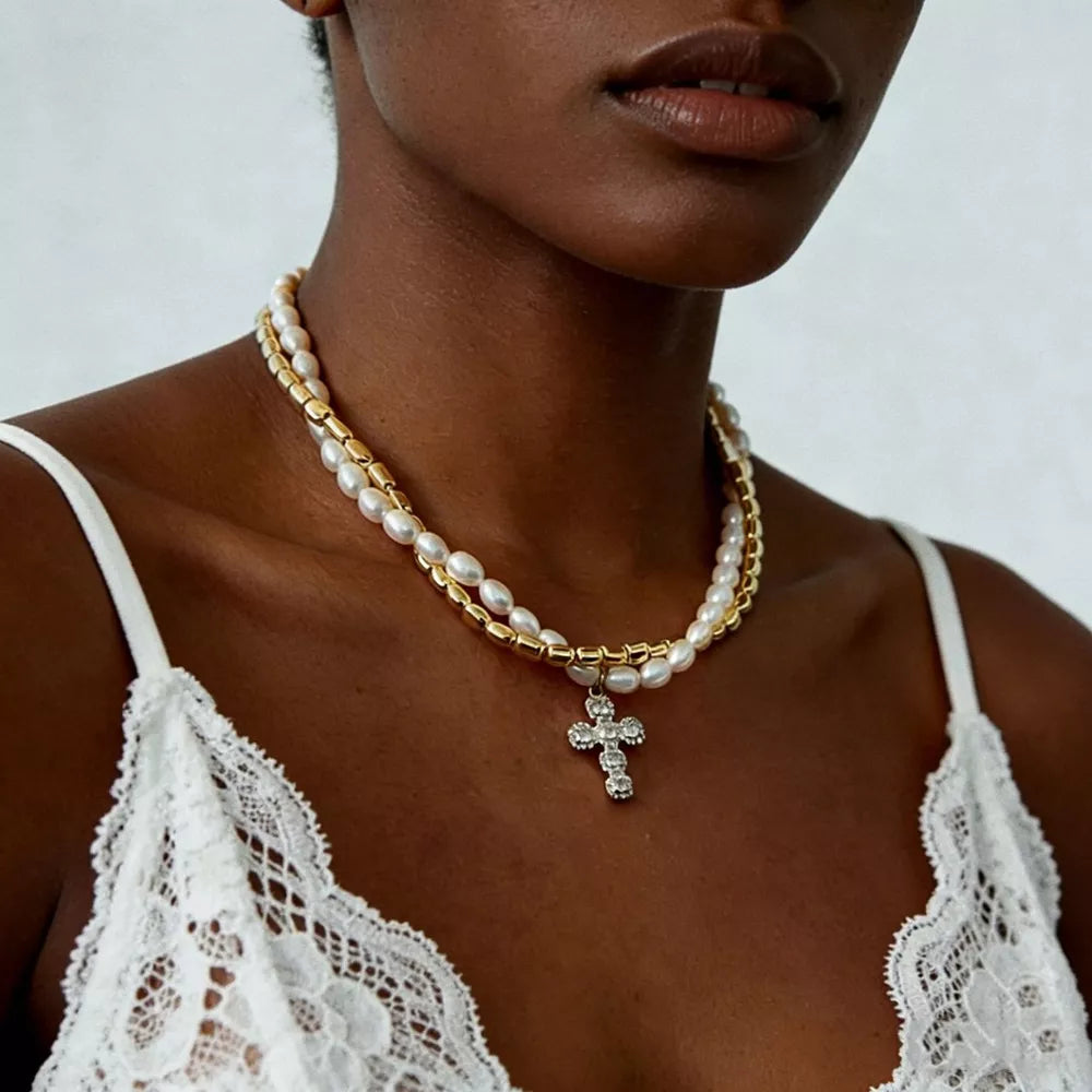Elegant Pearl Alloy Necklace With Rhinestone Cross Pendant in Gold, front view