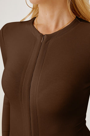 Brown ribbed bodysuit with long sleeves and a zip-front plunge neckline.