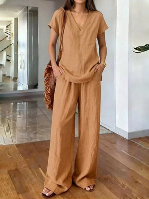 Full Size V-neck Short Sleeve Top And Pants Set in Light Brown, view 12