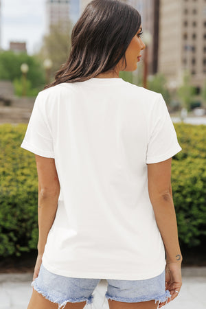 White graphic t-shirt with short sleeves and a crew neck, shown from the back.