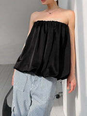 Black strapless bubble hem top with gathered neckline and cinched hem