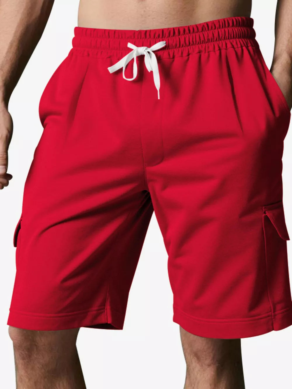 Men's bright red cargo shorts with drawstring waist and side pockets.