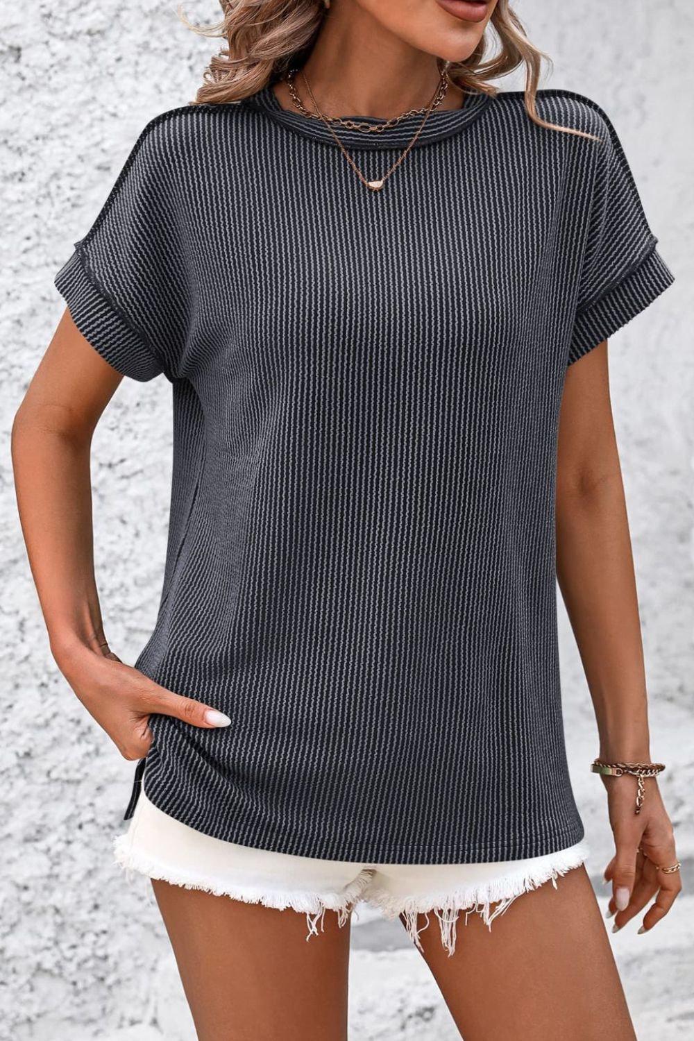 Dark Gray vertical ribbed tunic tee with split hem and cuffed short sleeves.