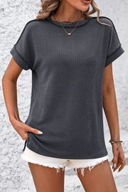 Dark Gray vertical ribbed tunic tee with split hem and cuffed short sleeves.