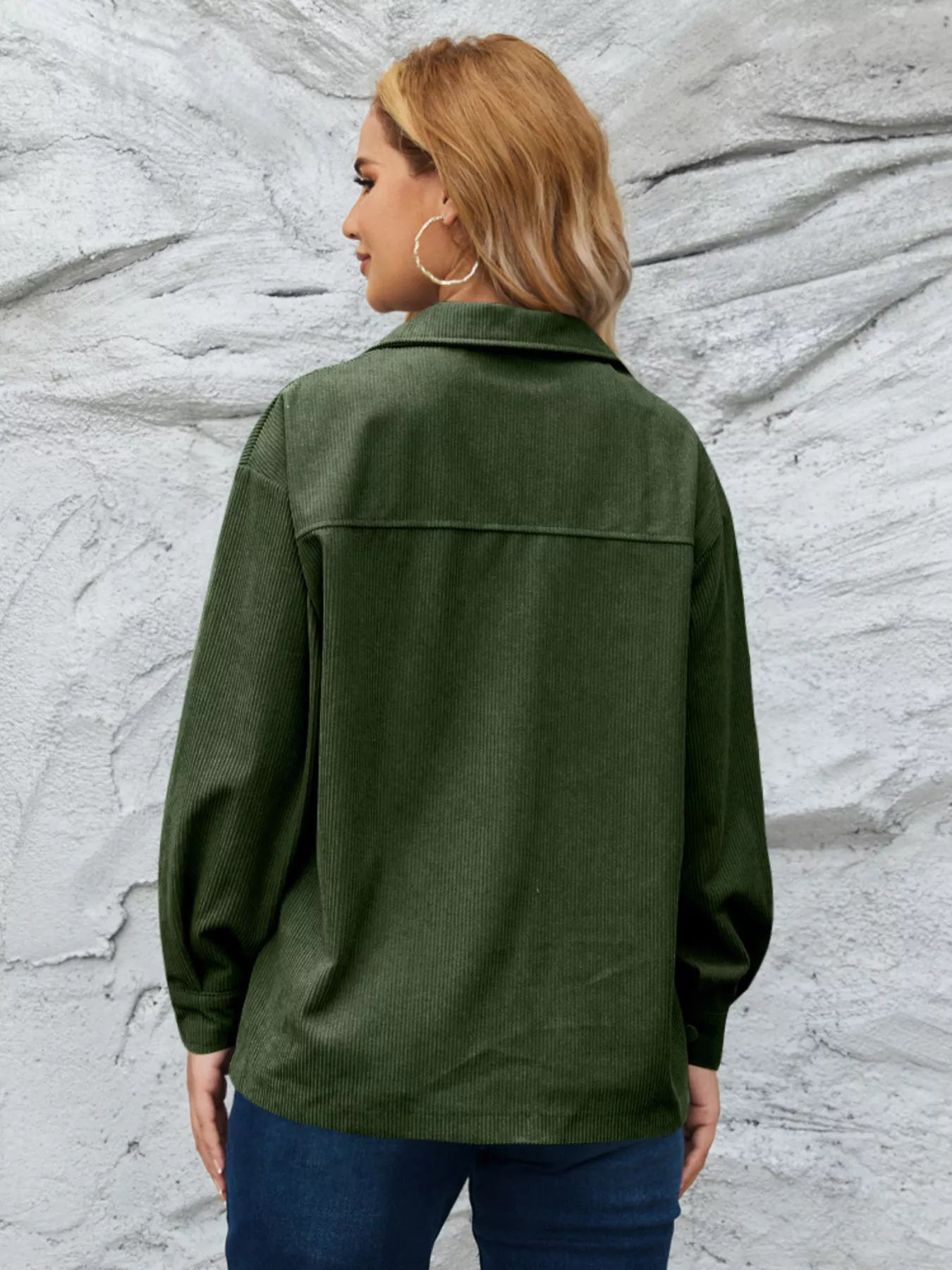 Textured corduroy button-up jacket in olive green with a collared neckline.