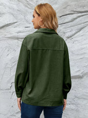 Textured corduroy button-up jacket in olive green with a collared neckline.
