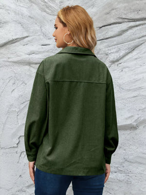 Textured corduroy button-up jacket in olive green with a collared neckline.