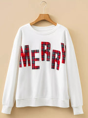 White crew neck sweatshirt with red plaid "merry" graphic, long sleeves, casual style.