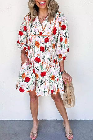 Floral Print 3/4 Puff Sleeve Mini Dress in Floral, side view