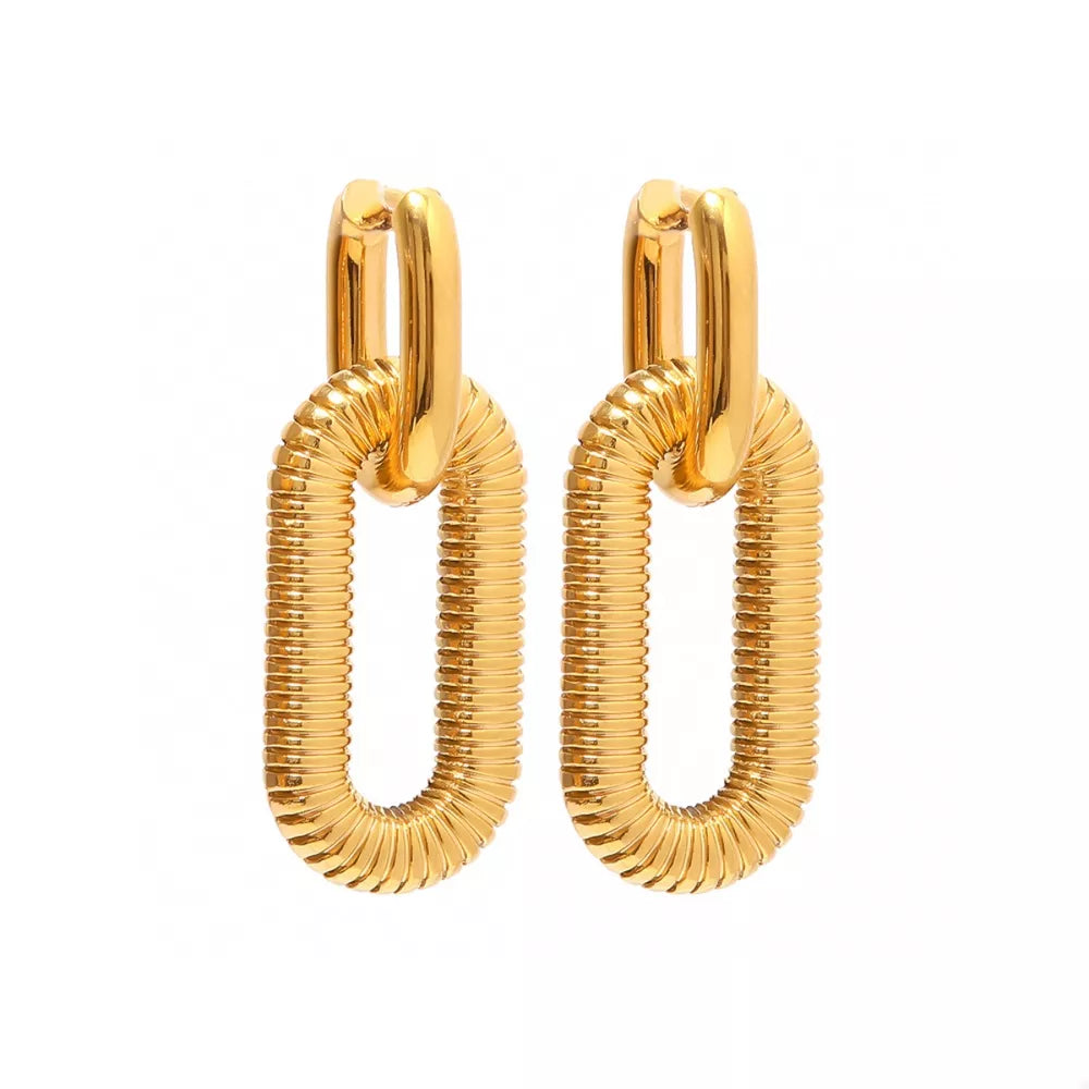 Gold link drop earrings with ribbed oval detail