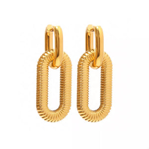 Gold link drop earrings with ribbed oval detail