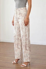 Abstract print high-waisted wide-leg jeans in beige cotton, featuring a relaxed fit.