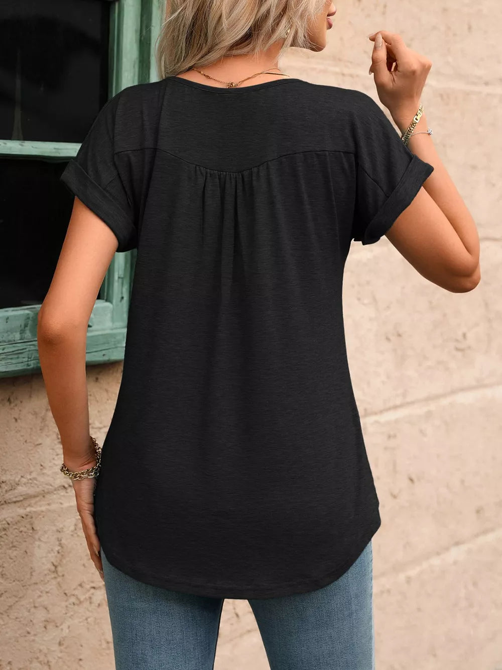 Black relaxed maternity henley t-shirt with button detail and cuffed short sleeves