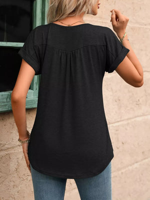 Black relaxed maternity henley t-shirt with button detail and cuffed short sleeves
