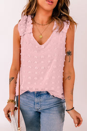 Textured ruffle-sleeve tank top in Dusty Pink with V-neckline and dobby dot pattern.