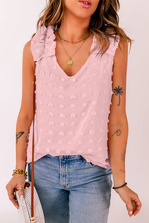Textured ruffle-sleeve tank top in Dusty Pink with V-neckline and dobby dot pattern.