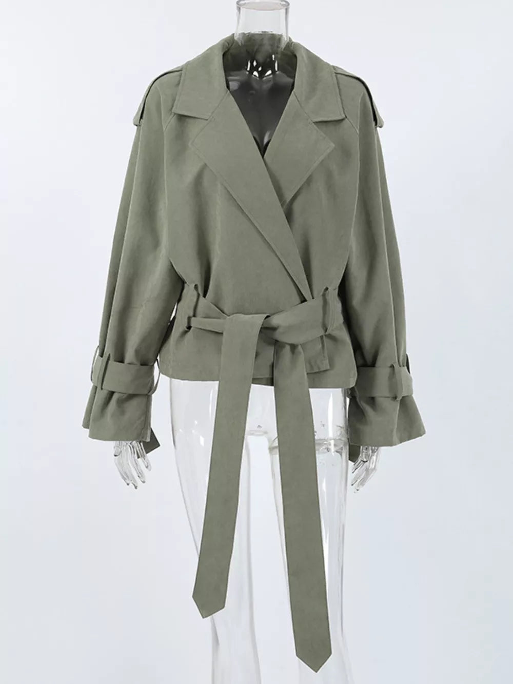 Lapel Collar Belted Cropped Trench in Moss, fabric detail