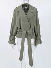 Lapel Collar Belted Cropped Trench in Moss, fabric detail