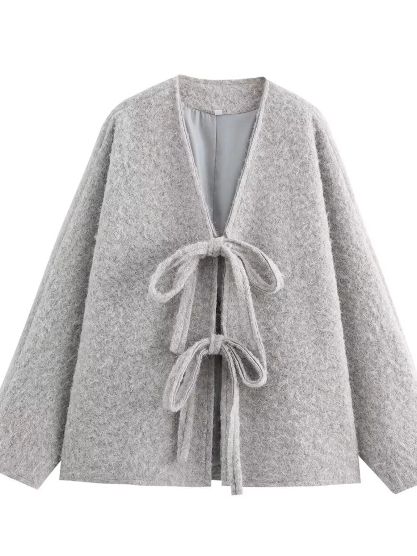 Textured knit tie-front coat in silver gray with a V-neck and long sleeves.