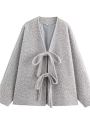 Textured knit tie-front coat in silver gray with a V-neck and long sleeves.