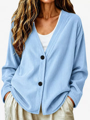 Casual Corduroy Button-up Cardigan in Terracotta, back view