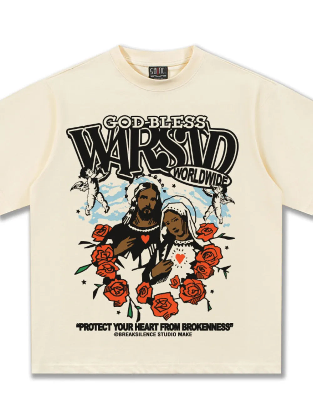 Cream cotton t-shirt with "God Bless Warsid Worldwide" graphic, religious figures, roses, and text.
