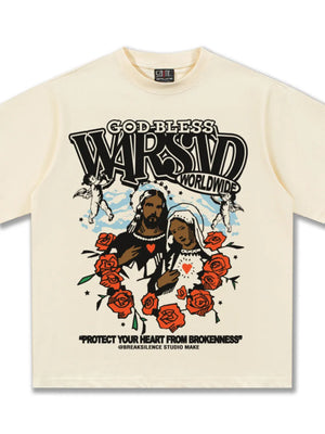 Cream cotton t-shirt with "God Bless Warsid Worldwide" graphic, religious figures, roses, and text.