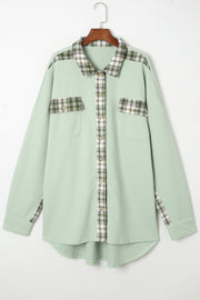 Light green waffle knit overshirt with plaid trim on collar, pockets, and cuffs.