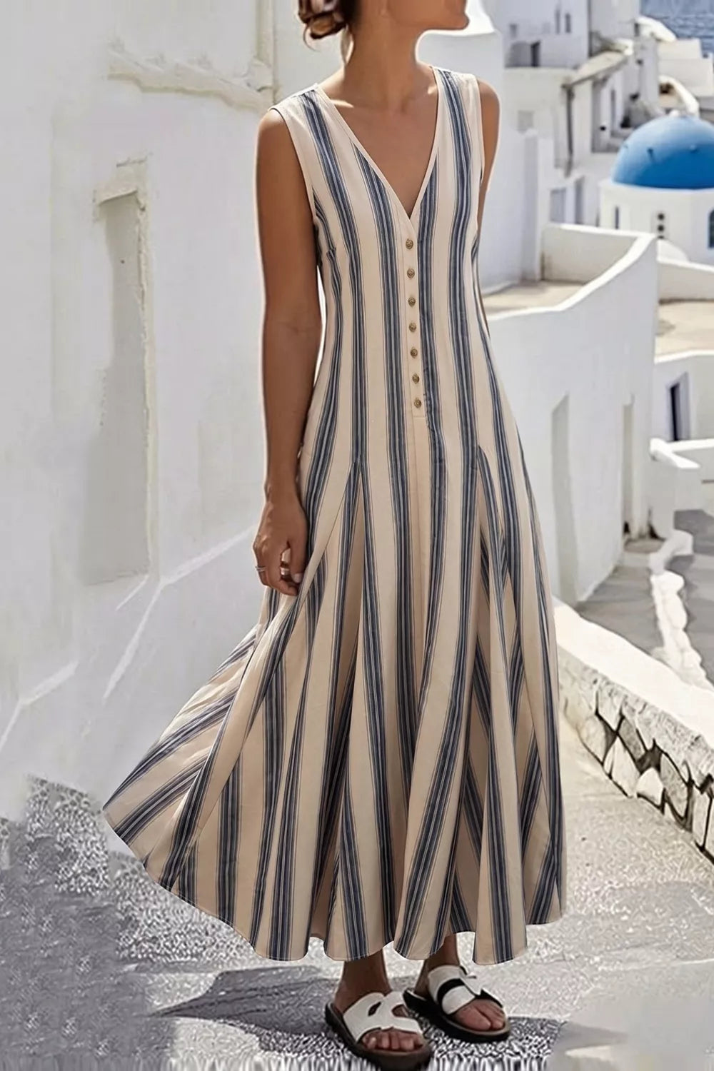 Striped V-neck Sleeveless Midi Dress in Stripe, close-up detail
