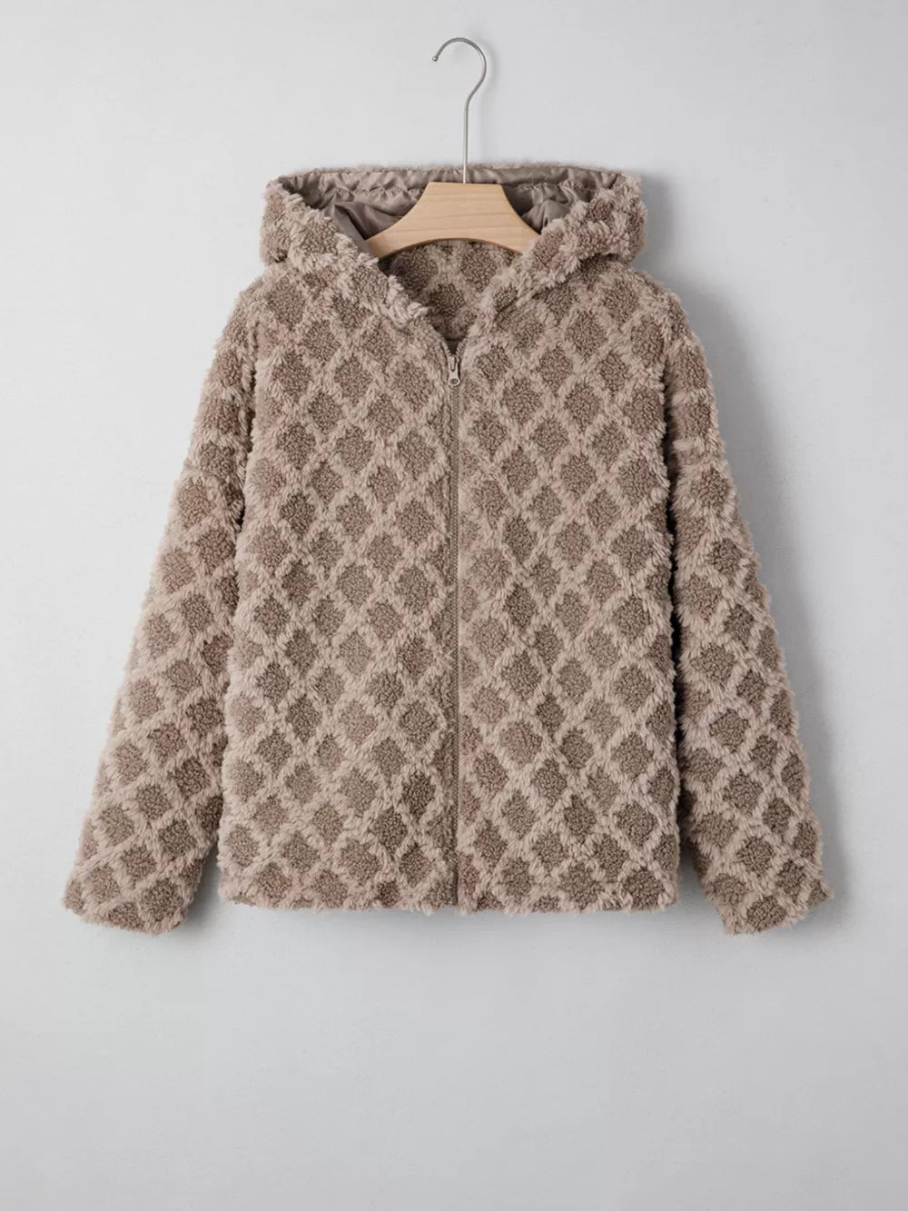 Textured sherpa fleece hooded jacket in taupe with diamond pattern, full zip closure.