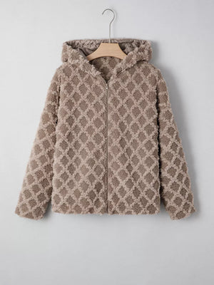 Textured sherpa fleece hooded jacket in taupe with diamond pattern, full zip closure.