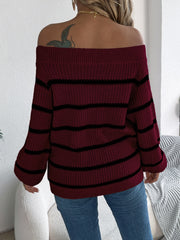 Burgundy striped off-the-shoulder knit pullover sweater with wide sleeves.