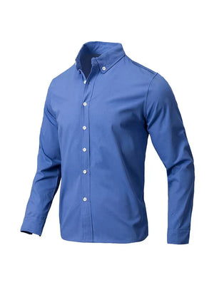Blue Oxford button-down shirt with a relaxed fit and white buttons.
