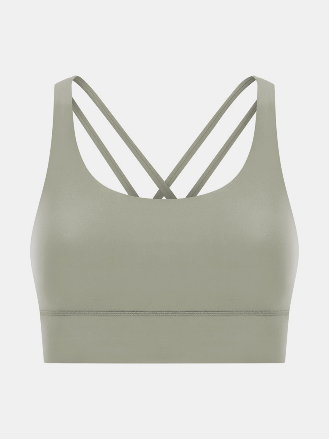 Sage green performance bra with crisscross straps and a wide band.