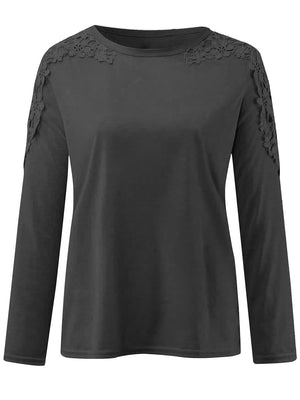 Light Gray long sleeve top with lace yoke and sleeve detail